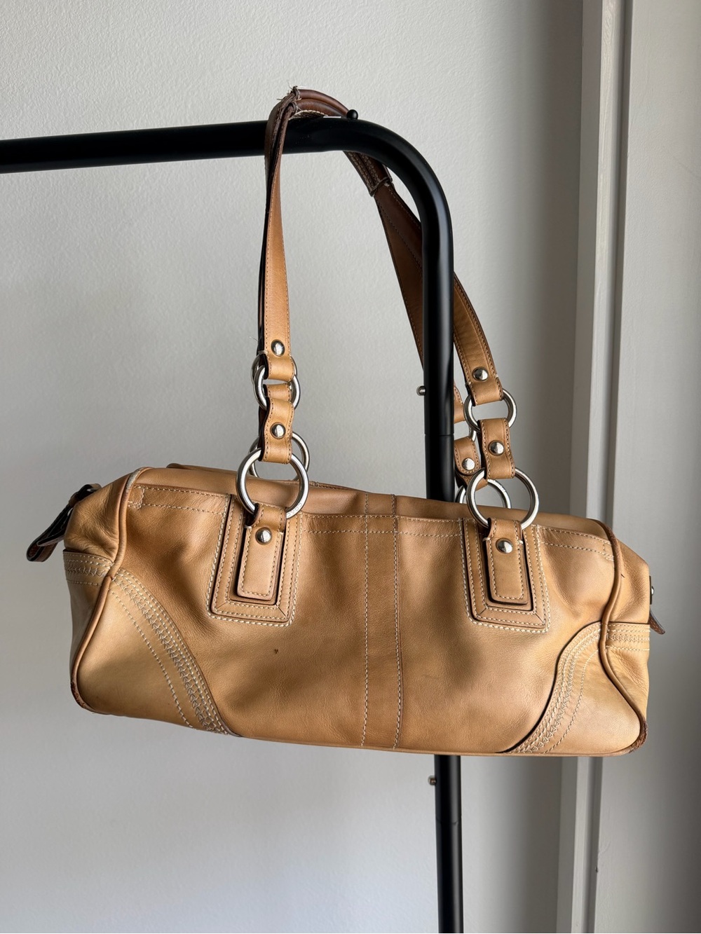Vintage Genuine Leather Shoulder Bag Tan Cognac Satchel Y2K Boho Hobo Purse